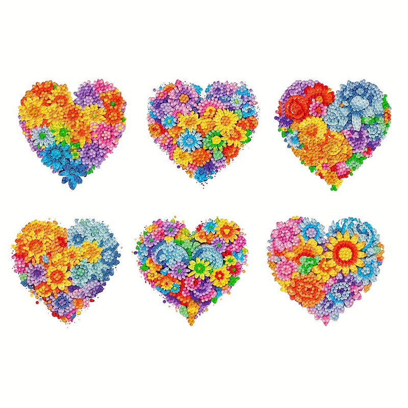 Colorful Heart Shaped Flowers Diamond Painting Coasters 6Pcs