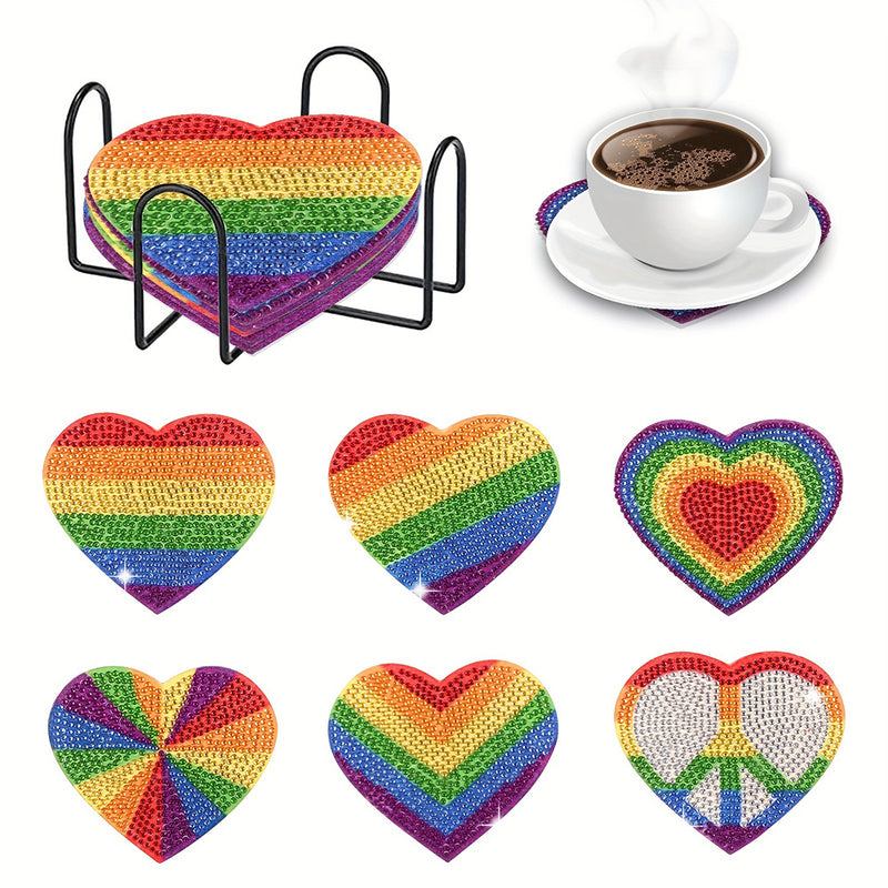 Heart Shaped Rainbow Diamond Painting Coasters 6Pcs