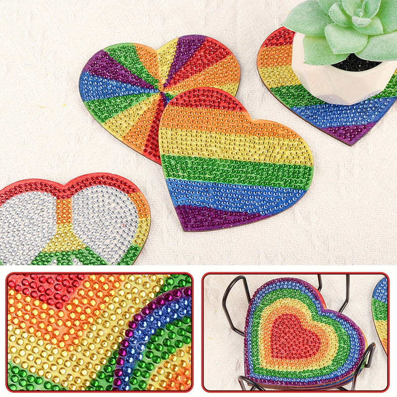 Heart Shaped Rainbow Diamond Painting Coasters 6Pcs