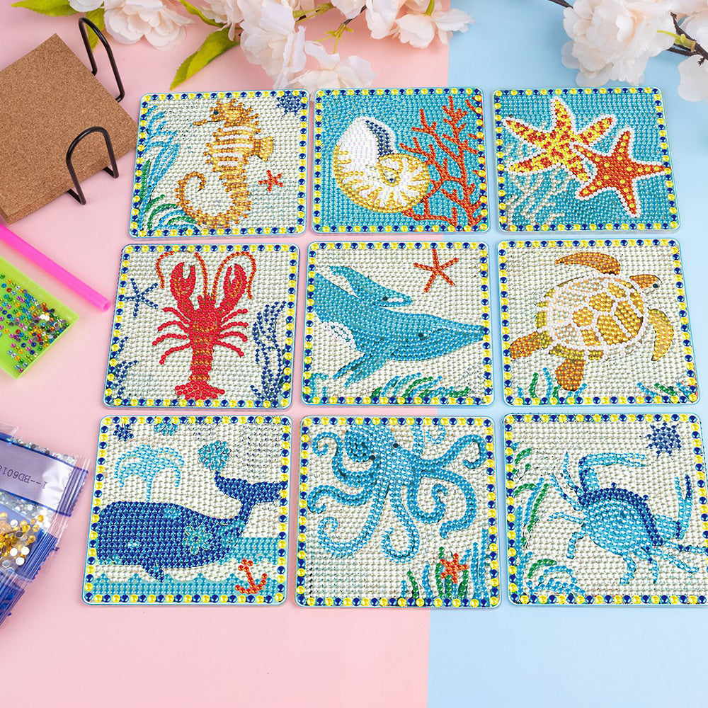 Square Marine Animals Diamond Painting Coasters 9Pcs