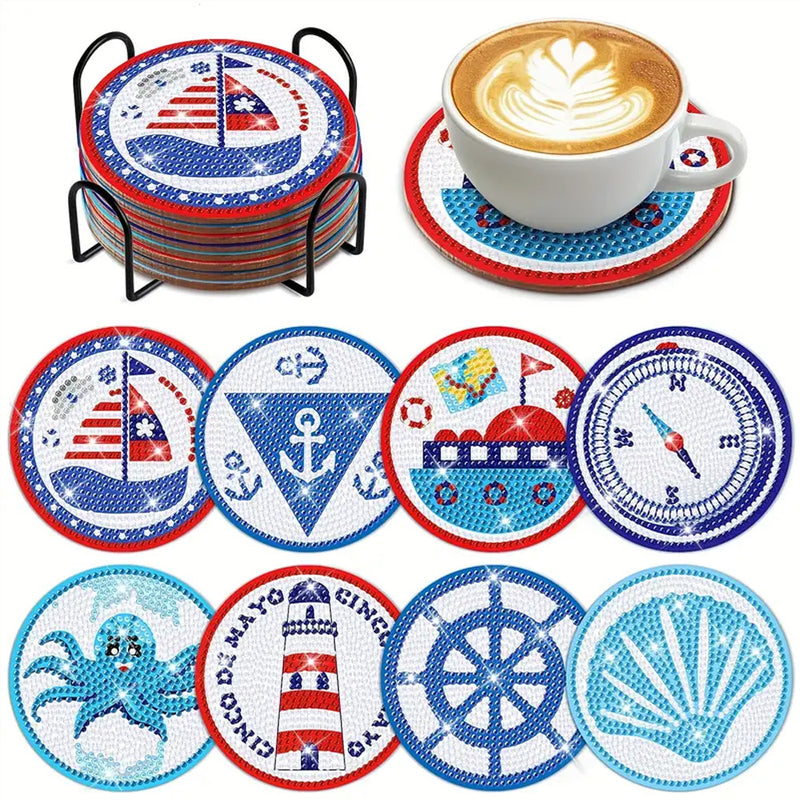 Nautical Sailboat Compass Shells Diamond Painting Coasters 8Pcs