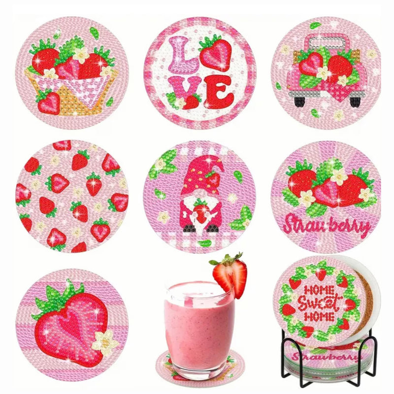 Pink Strawberry Diamond Painting Coasters 8Pcs