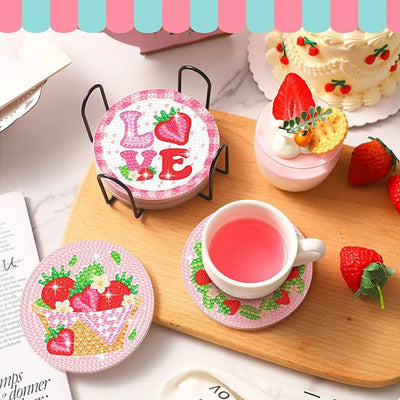 Pink Strawberry Diamond Painting Coasters 8Pcs