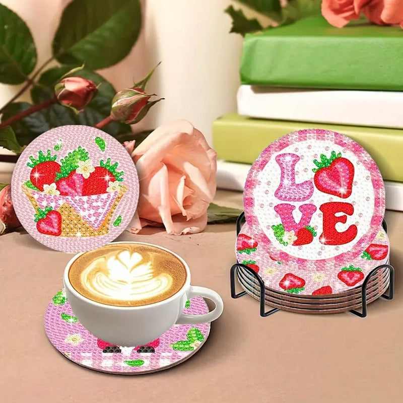 Pink Strawberry Diamond Painting Coasters 8Pcs