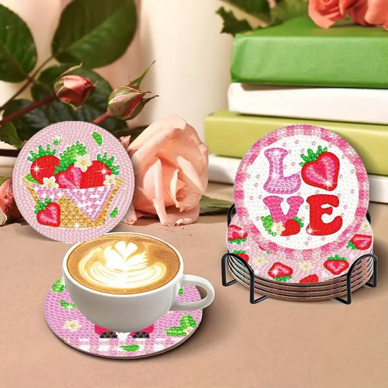 Pink Strawberry Diamond Painting Coasters 8Pcs