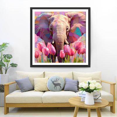 Elephant and Pink Tulips Diamond Painting