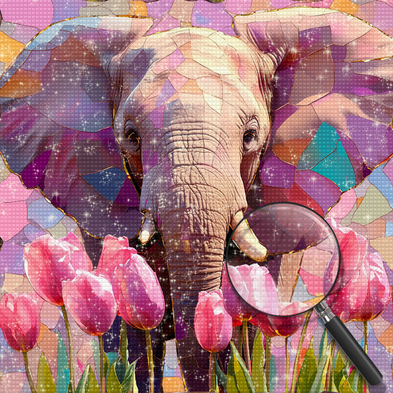 Elephant and Pink Tulips Diamond Painting