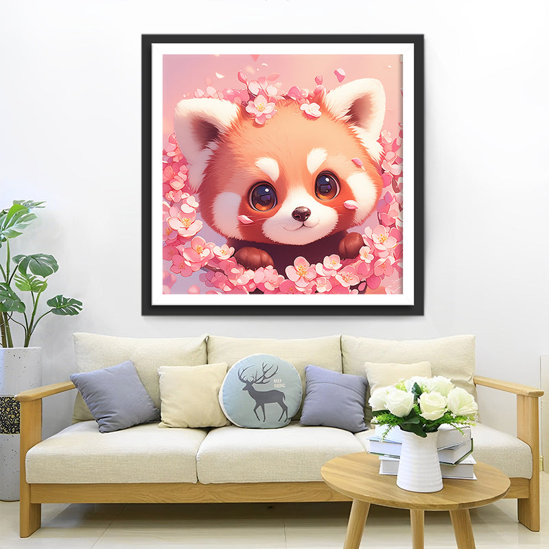 Cute Red Panda and Pink Flowers Diamond Painting