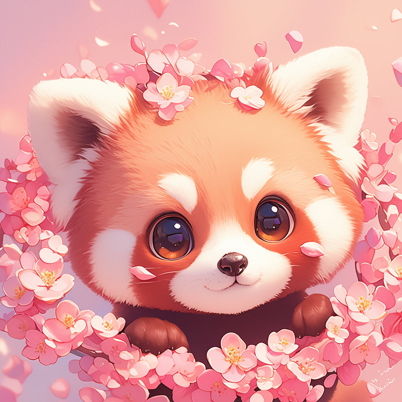 Cute Red Panda and Pink Flowers Diamond Painting