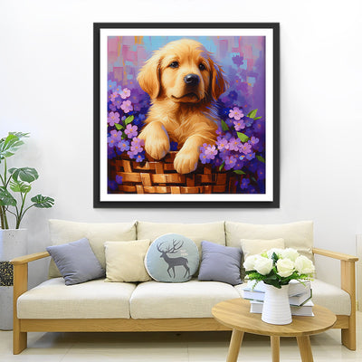 Puppy and Purple Flowers in a Basket Diamond Painting