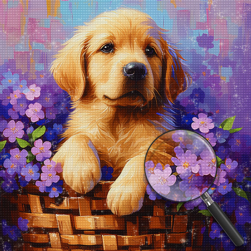 Puppy and Purple Flowers in a Basket Diamond Painting