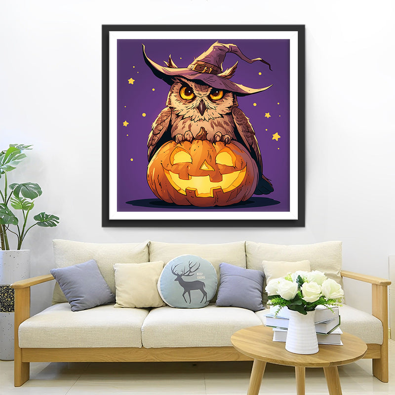 Halloween Owl with Hat on the Pumpkin Diamond Painting