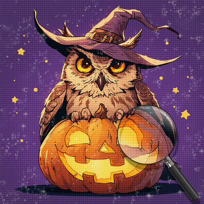 Halloween Owl with Hat on the Pumpkin Diamond Painting