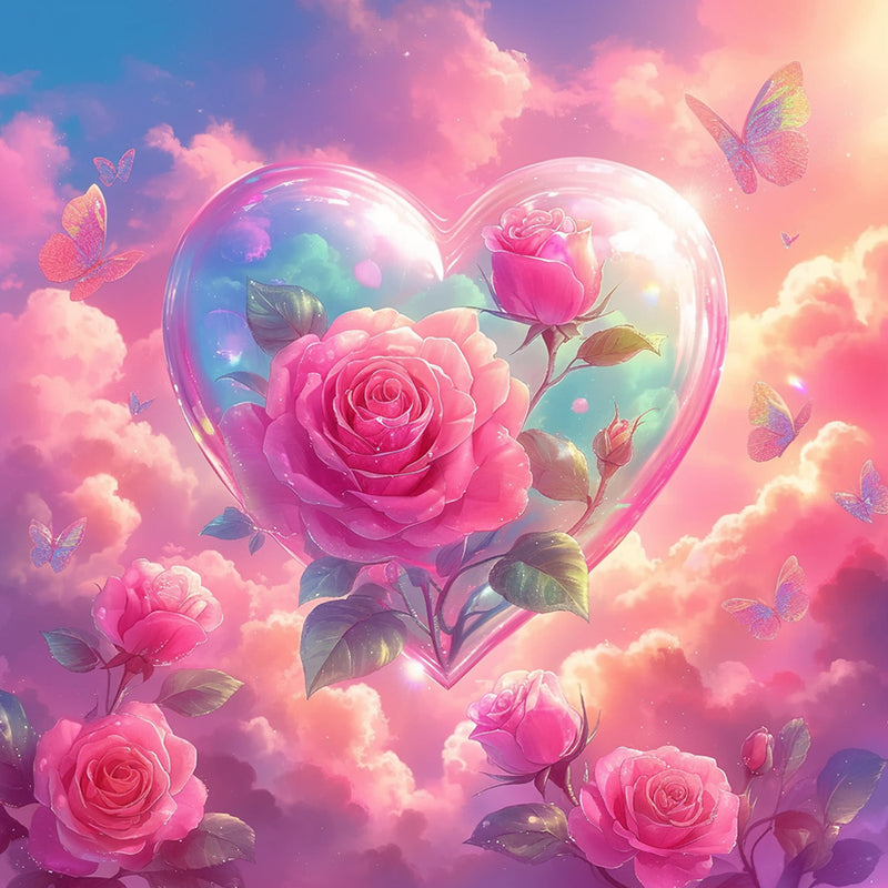 Pink Clouds Flowers Heart Diamond Painting