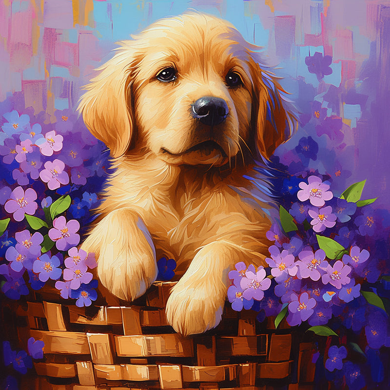 Puppy and Purple Flowers in a Basket Diamond Painting