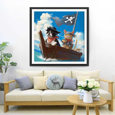 Puppy and Kitten on Pirate Ship Diamond Painting