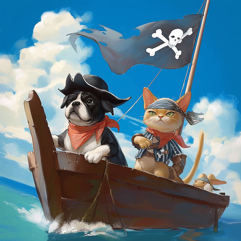 Puppy and Kitten on Pirate Ship Diamond Painting