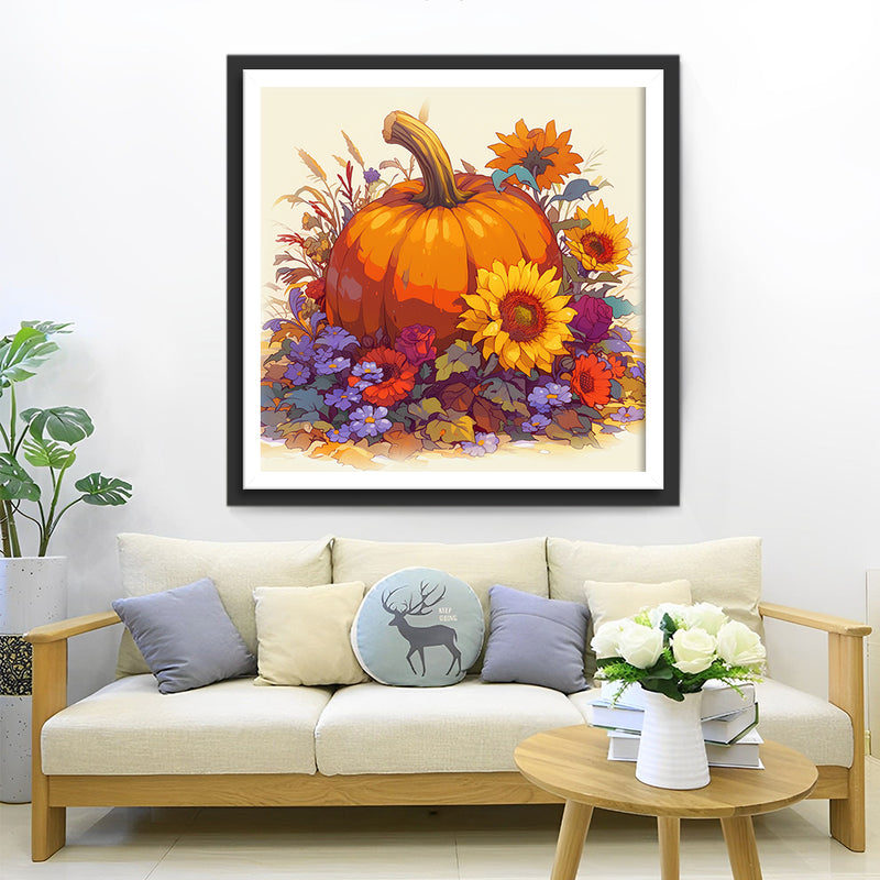 Pumpkin Surrounded by Flowers Diamond Painting