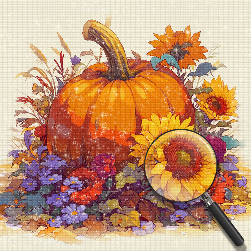 Pumpkin Surrounded by Flowers Diamond Painting