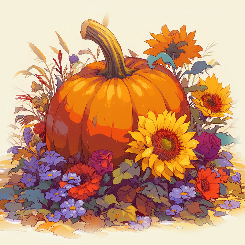 Pumpkin Surrounded by Flowers Diamond Painting