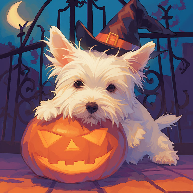 West Highland Terrier and Halloween Pumpkin Diamond Painting