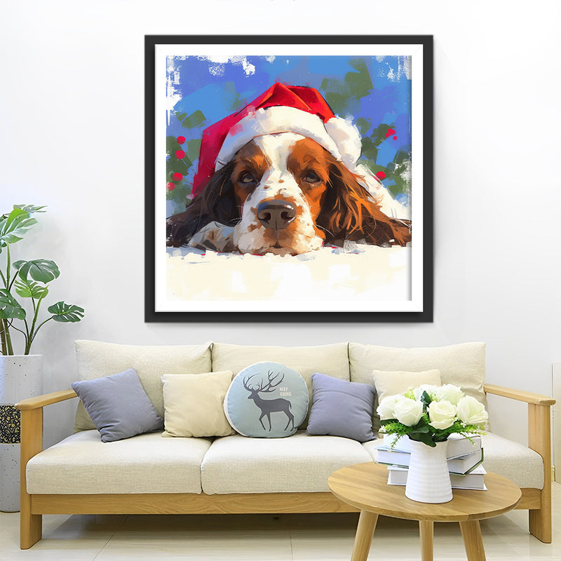 Puppy with Christmas Hat in the Snow Diamond Painting