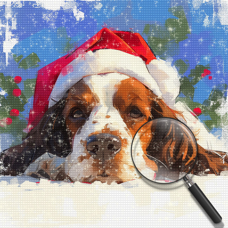 Puppy with Christmas Hat in the Snow Diamond Painting