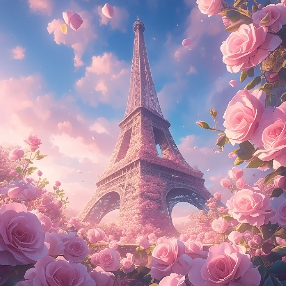Eiffel with Pink Roses Diamond Painting