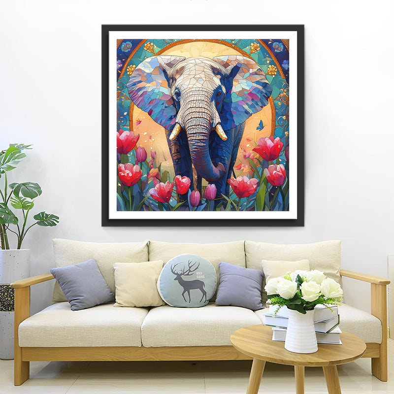 African Elephant and Pink Tulips Diamond Painting