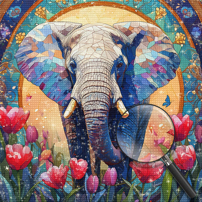 African Elephant and Pink Tulips Diamond Painting