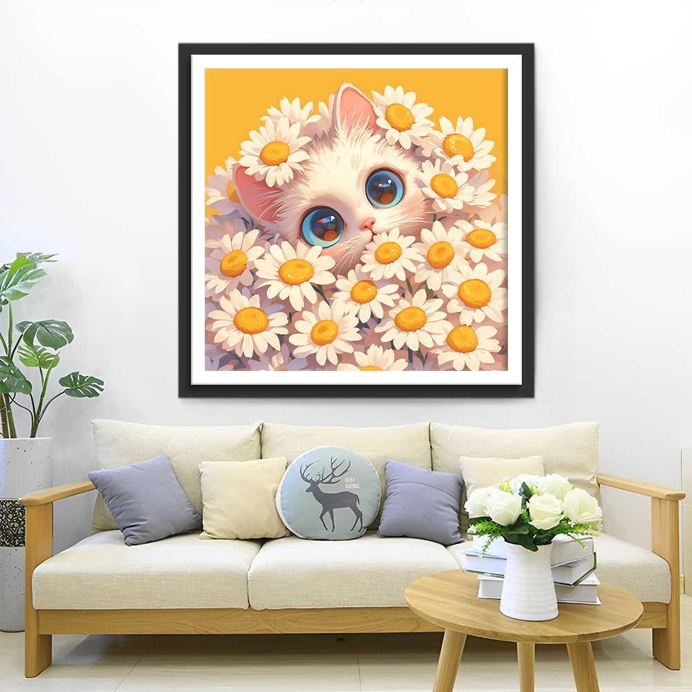 Kitten in the Daisy Bush Diamond Painting