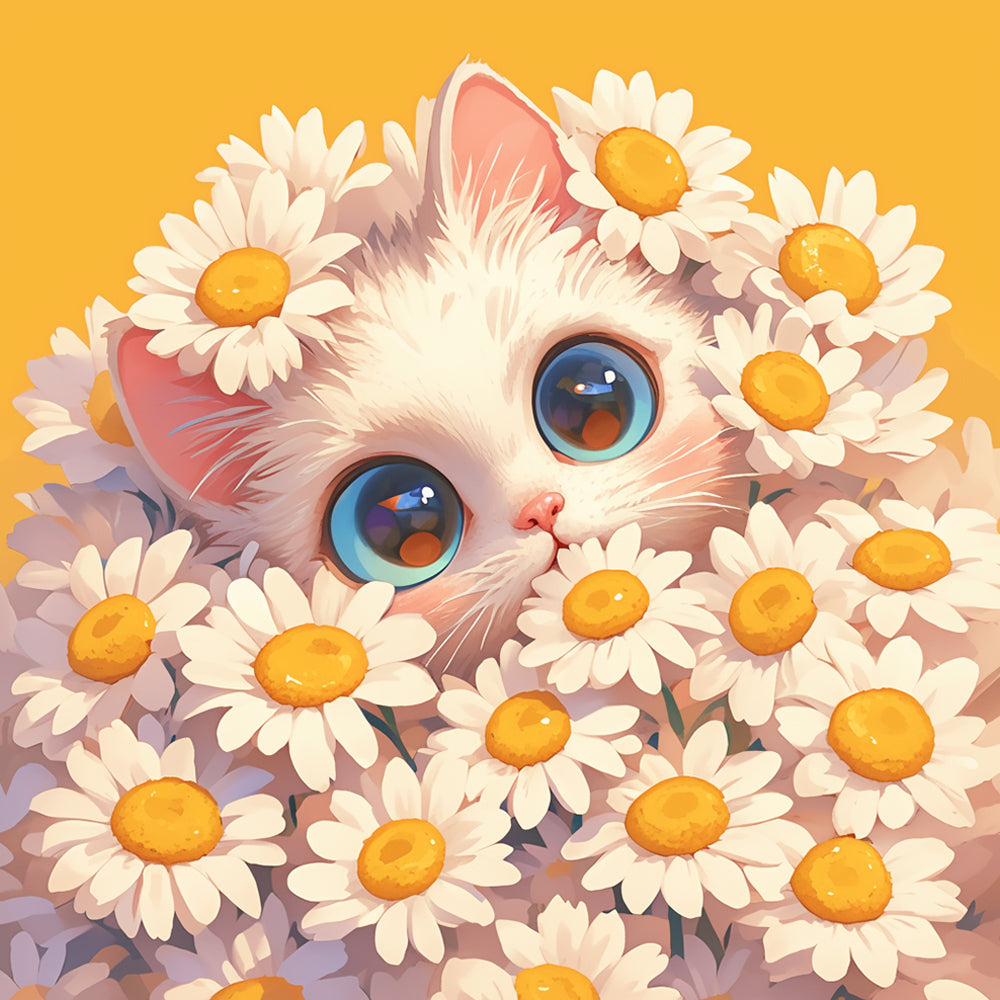 Kitten in the Daisy Bush Diamond Painting