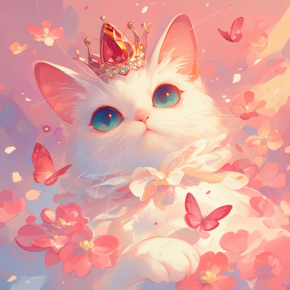 Elegant White Cat and Pink Butterflies Diamond Painting