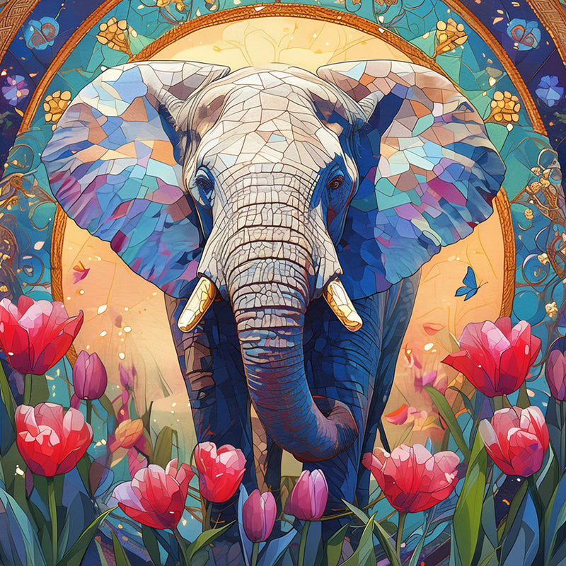 African Elephant and Pink Tulips Diamond Painting