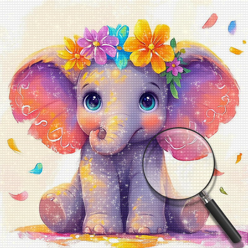 Cute Cartoon Elephant with Flowers Diamond Painting