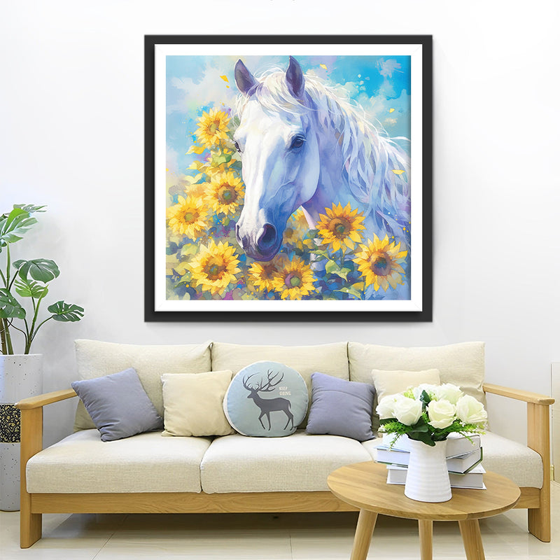 White Horse and Sunflowers Diamond Painting