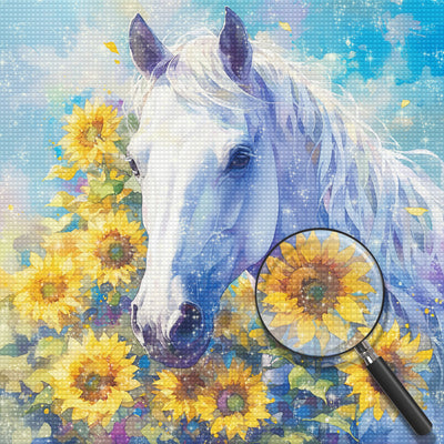 White Horse and Sunflowers Diamond Painting