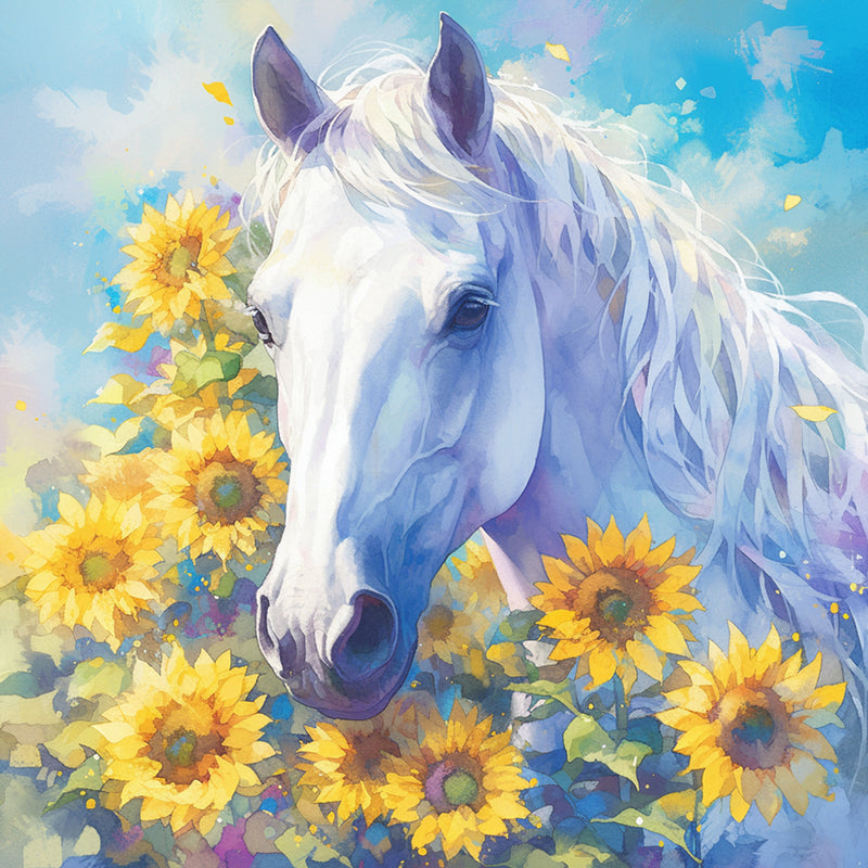 White Horse and Sunflowers Diamond Painting