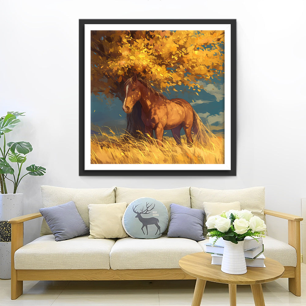 Horse under the Tree in Autumn Diamond Painting