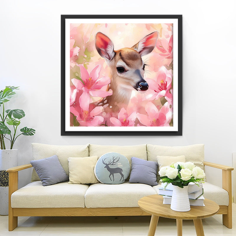 Deer among Pink Flowers Diamond Painting