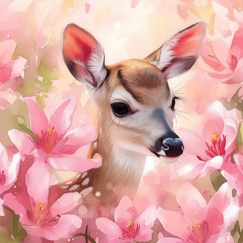 Deer among Pink Flowers Diamond Painting