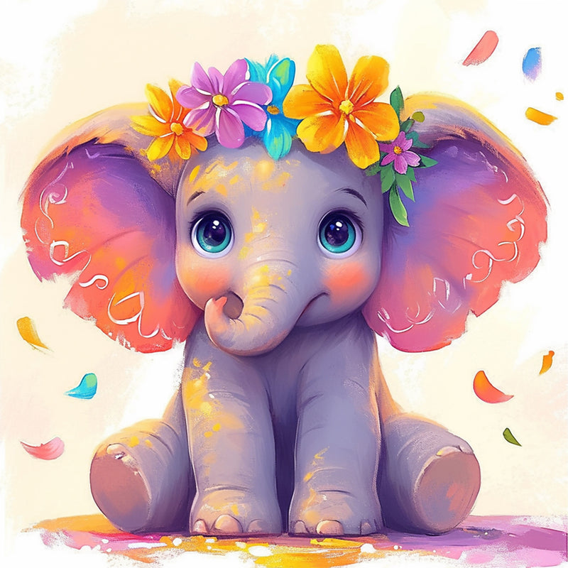 Cute Cartoon Elephant with Flowers Diamond Painting