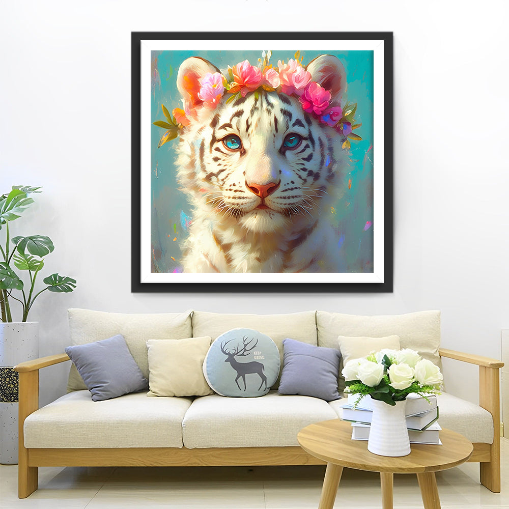 White Tiger with Pink Flowers Diamond Painting
