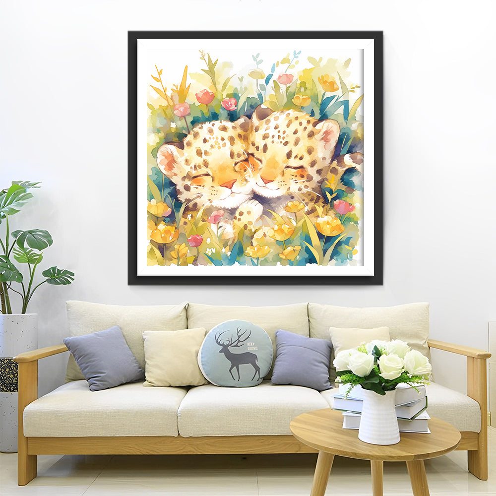 Two Cute Leopards among Flowers Diamond Painting