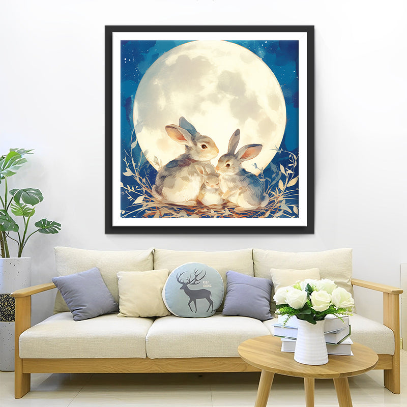 Rabbits Family and Moon Diamond Painting