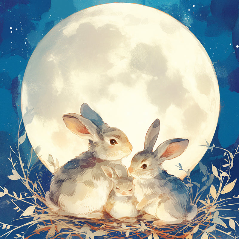 Rabbits Family and Moon Diamond Painting