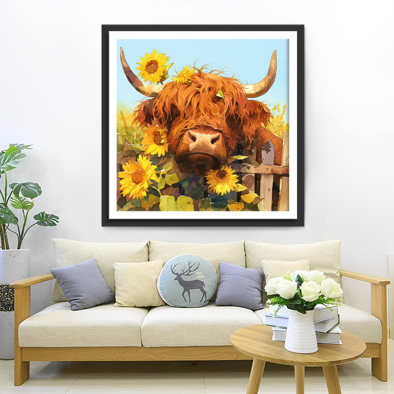 Highland Cow and Sunflowers Diamond Painting