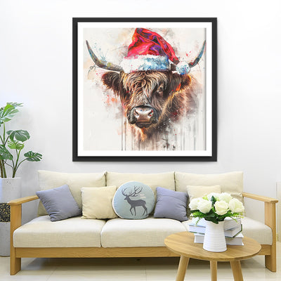 Highland Cow with Red Hat Diamond Painting