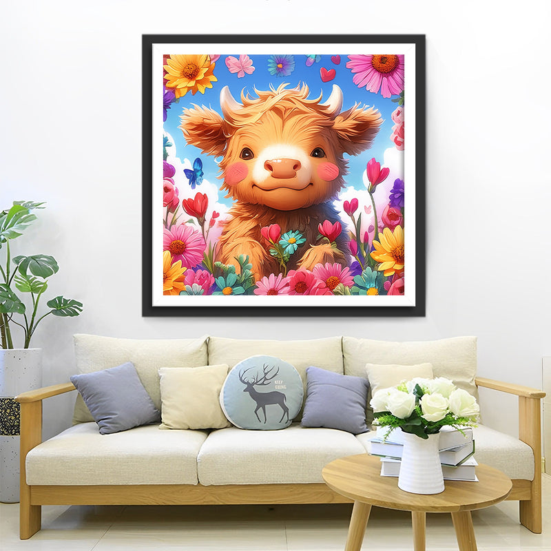 Cartoon Highland Cow and Colorful Flowers Diamond Painting