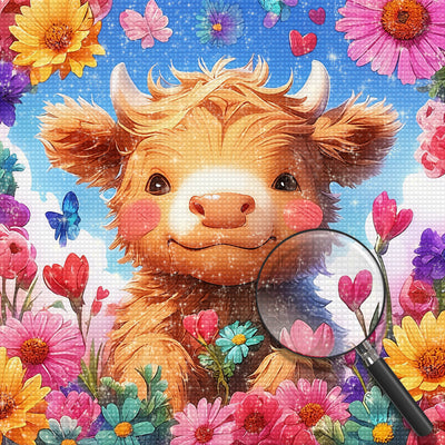 Cartoon Highland Cow and Colorful Flowers Diamond Painting